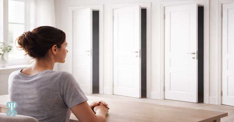 Mujer sentada frente a varias puertas blancas abiertas que simbolizan la incertidumbre y la toma de decisiones en la ansiedad.