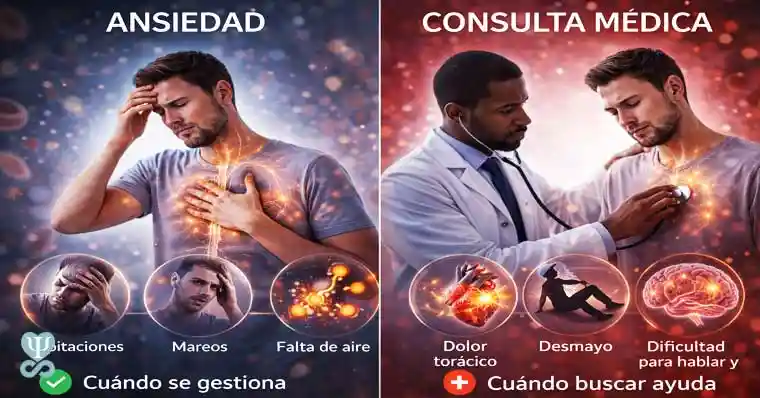 Comparativa de síntomas de ansiedad (palpitaciones, mareos) frente a señales de alerta para consulta médica (dolor torácico, desmayo).