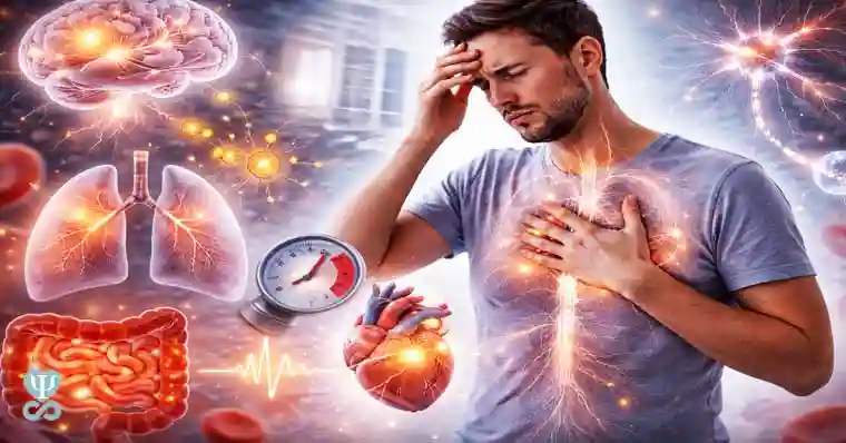 Infografía detallada sobre la somatización de la ansiedad, mostrando el impacto en cerebro, pulmones, corazón y sistema digestivo.