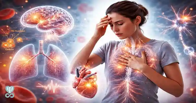 Representación visual de una mujer con ansiedad mostrando la conexión entre el cerebro, el corazón y los pulmones..