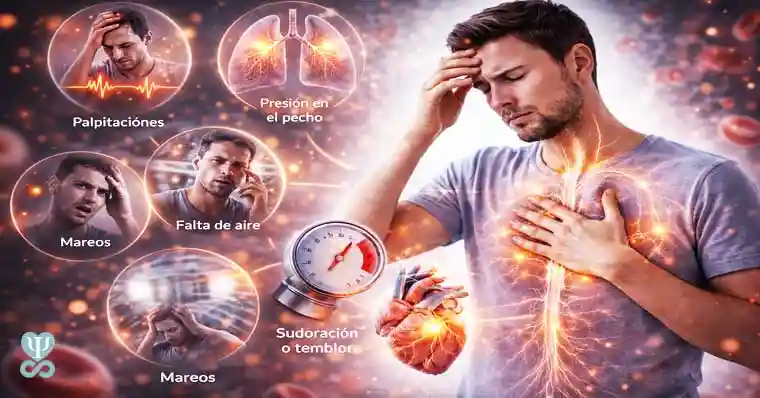 Diagrama de síntomas físicos comunes de la ansiedad incluyendo palpitaciones, presión en el pecho, mareos, falta de aire y sudoración.